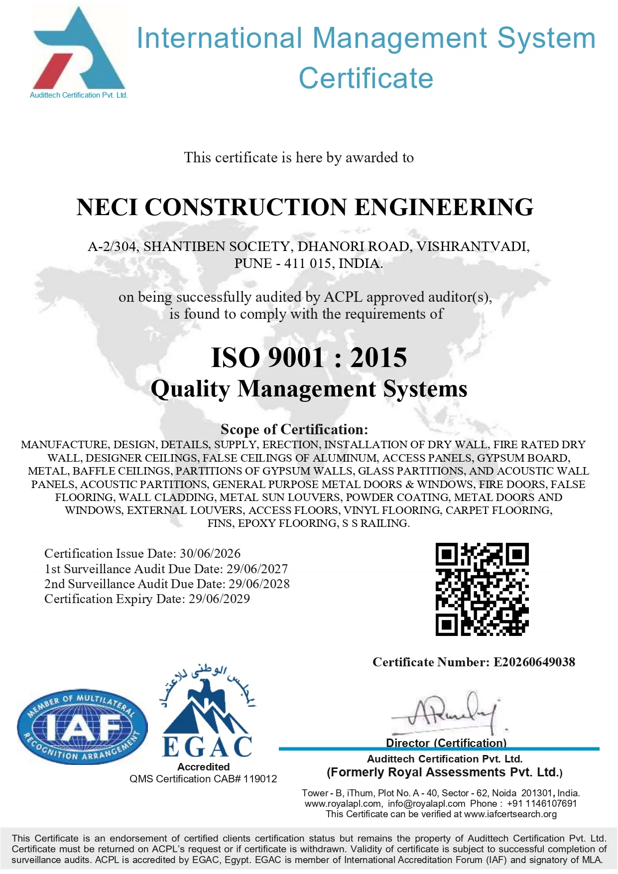 ISO 9001:2015 Certificate – NECI Construction Engineering